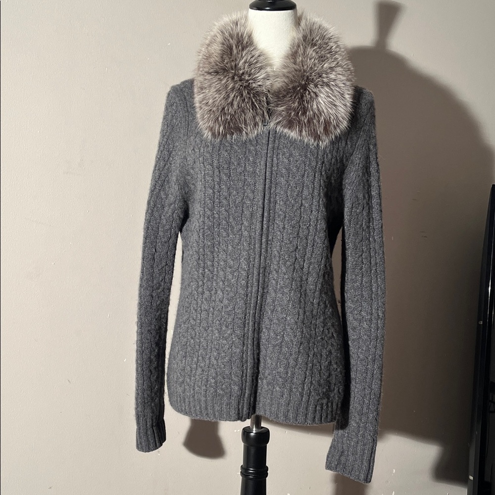 Marina Luna Cable Knit Cashmere Cardigan Sweater with Fox Fur Collar